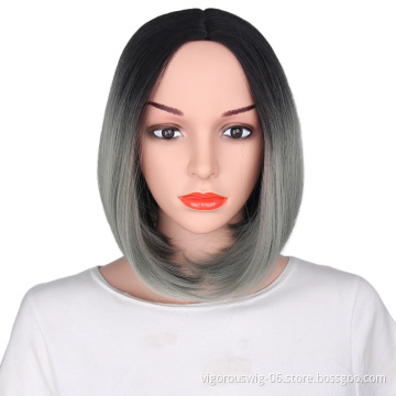 Wholesale premium vendor high quality ombre gray short straight wavy hair synthetic heat resistant wig lace front black women